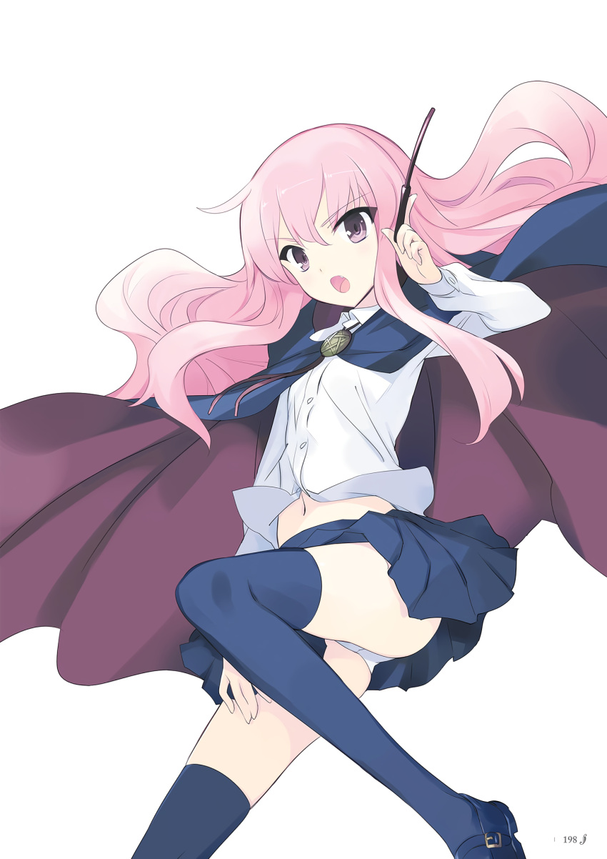 1girl blue_cape blue_legwear blue_skirt bolo_tie cape hand_on_own_thigh highres holding holding_wand leg_up louise_francoise_le_blanc_de_la_valliere midriff_peek navel noise_reduction official_art page_number panties pentacle pentagram pink_hair scan shirt simple_background skirt solo thigh-highs underwear usatsuka_eiji wand white_background white_shirt zero_no_tsukaima