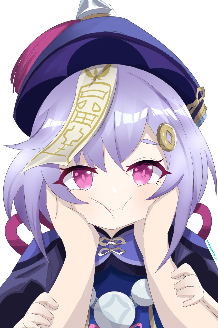 1girl 1other absurdres artist_name bangs bead_necklace beads blue_headwear cheek_squash closed_mouth english_commentary genshin_impact hair_ornament hands_on_another's_arms hands_on_another's_cheeks hands_on_another's_face hat highres jewelry jiangshi light_purple_hair looking_at_viewer necklace ofuda pink_eyes pink_ribbon pixiv_username pov qing_guanmao qiqi ribbon short_hair simple_background solo_focus squishing stukov upper_body white_background