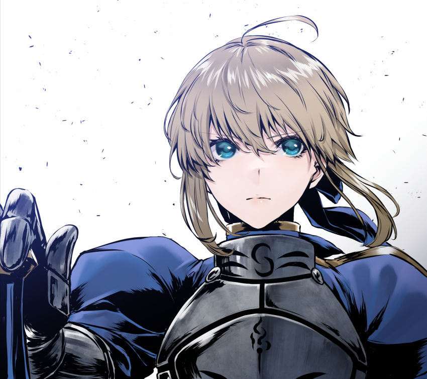 1girl ahoge armor armored_dress artoria_pendragon_(all) blonde_hair blue_eyes blue_ribbon braid breastplate fate/grand_order fate_(series) french_braid hair_between_eyes highres mugetsu2501 planted_sword planted_weapon ribbon saber short_hair solo sword upper_body weapon white_background