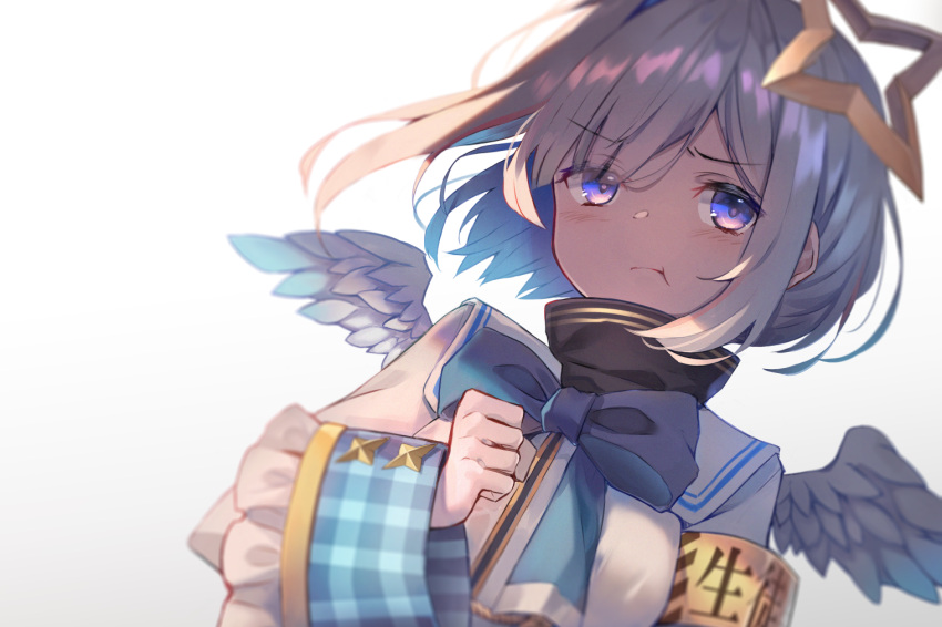 1girl amane_kanata angel_wings armband bow bowtie collar cuffs eyebrows_visible_through_hair feathered_wings halo hololive hopepe pout sailor_collar school_uniform short_hair silver_hair sleeve_cuffs solo upper_body violet_eyes virtual_youtuber wings