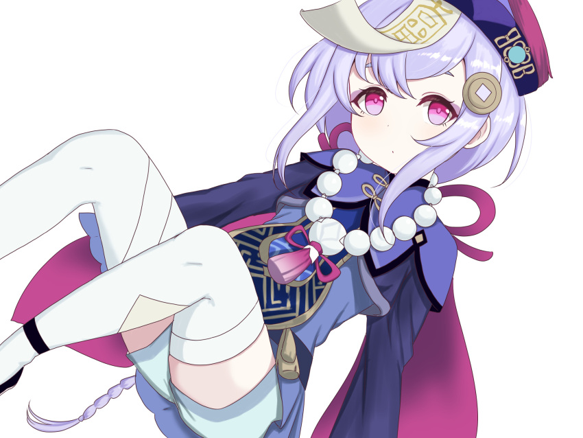 1girl :o arm_support bead_necklace beads braid braided_ponytail commentary_request dutch_angle eyebrows_behind_hair feet_out_of_frame genshin_impact hair_ornament hat highres jewelry jiangshi light_purple_hair long_sleeves looking_at_viewer medium_hair n61nor necklace ofuda pink_eyes pink_ribbon qing_guanmao qiqi ribbon sidelocks simple_background solo thigh-highs white_background white_legwear