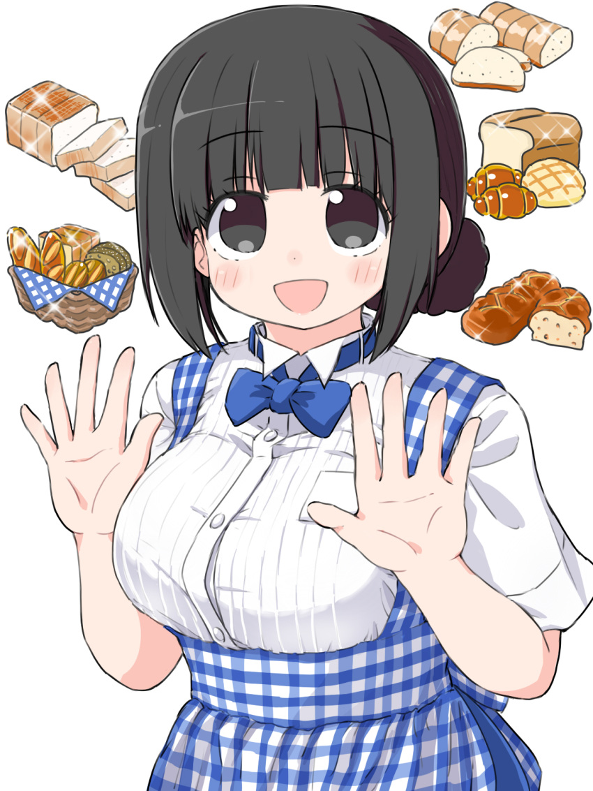 1girl bangs basket black_hair blue_neckwear blunt_bangs blush bow bowtie bread croissant dress eyebrows_visible_through_hair food hair_bun hands_up highres kobeya kobeya_uniform loaf_of_bread naitou_kouse open_mouth plaid plaid_dress shirt short_sleeves sidelocks simple_background solo upper_body white_background white_shirt