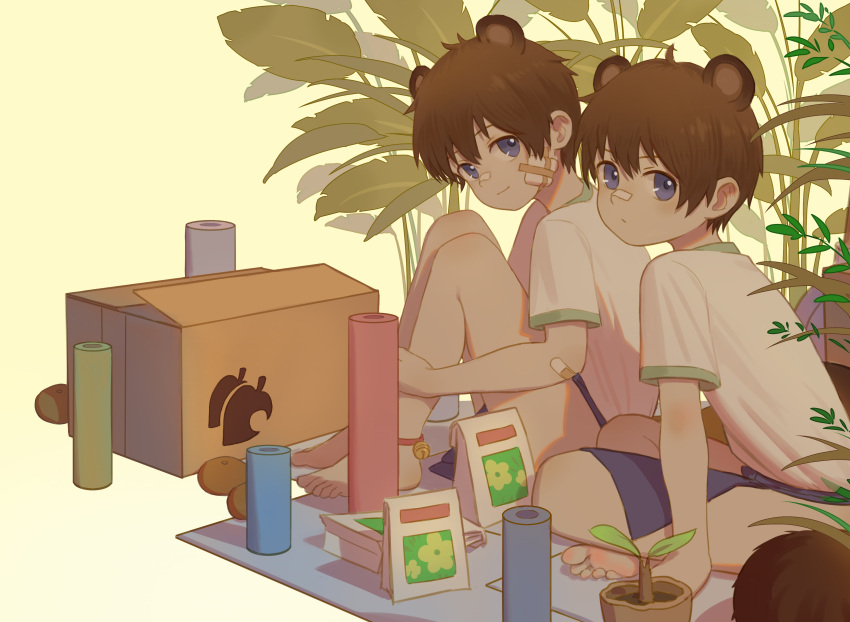 2boys absurdres animal_crossing animal_ears ankle_bell bandage_on_face bandages barefoot blue_eyes blush box brown_hair cardboard_box child doubutsu_no_mori full_body gijinka highres looking_at_viewer luye_yuan male_focus mamekichi_(doubutsu_no_mori) multiple_boys nintendo personification raccoon_boy raccoon_ears raccoon_tail smile tail timmy_nook tommy_nook tsubukichi_(doubutsu_no_mori)