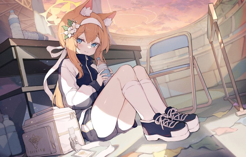 1girl absurdres animal_ear_fluff animal_ears blonde_hair blue_archive blue_eyes blue_footwear blue_jacket blue_shorts bottle cat_ears chair clouds flower gym_uniform hair_flower hair_ornament halo headband highres jacket kneehighs long_hair mari_(blue_archive) mari_(gym_uniform)_(blue_archive) negirate outdoors ponytail shoes shorts sitting sky smile socks solo table thighs track_jacket water_bottle white_headband white_socks