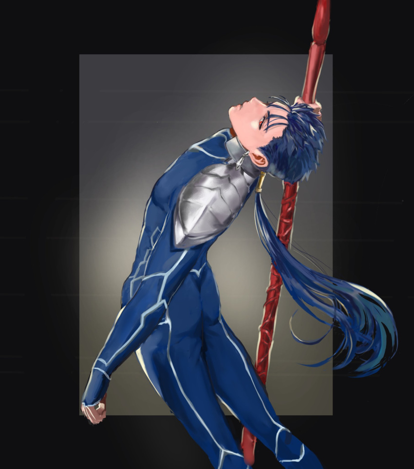 1boy armor ass awa_tg beads blue_hair bodysuit closed_mouth cu_chulainn_(fate)_(all) earrings fate/stay_night fate_(series) from_behind gae_bolg hair_beads hair_ornament highres holding holding_weapon jewelry lancer leaning_back long_hair looking_back male_focus muscle pauldrons polearm ponytail red_eyes shoulder_armor skin_tight solo spear spiky_hair type-moon weapon