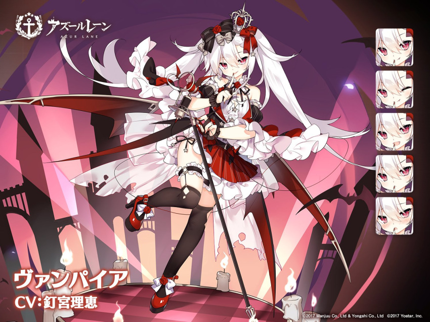 1girl :p alternate_costume azur_lane bangs bare_shoulders blush bow breasts crown detached_sleeves dress eyebrows_visible_through_hair fang finger_to_mouth floating_hair frills garter_straps gloves hair_between_eyes hair_bow hair_ornament high_heels idol leg_garter long_hair looking_at_viewer mary_janes microphone_stand mini_crown official_art panties partially_fingerless_gloves puffy_detached_sleeves puffy_sleeves red_eyes red_nails ribbon saru shoes shushing side-tie_panties silver_hair small_breasts smile star_(symbol) star_hair_ornament thigh-highs tongue tongue_out twintails underwear vampire_(azur_lane) very_long_hair wrist_cuffs