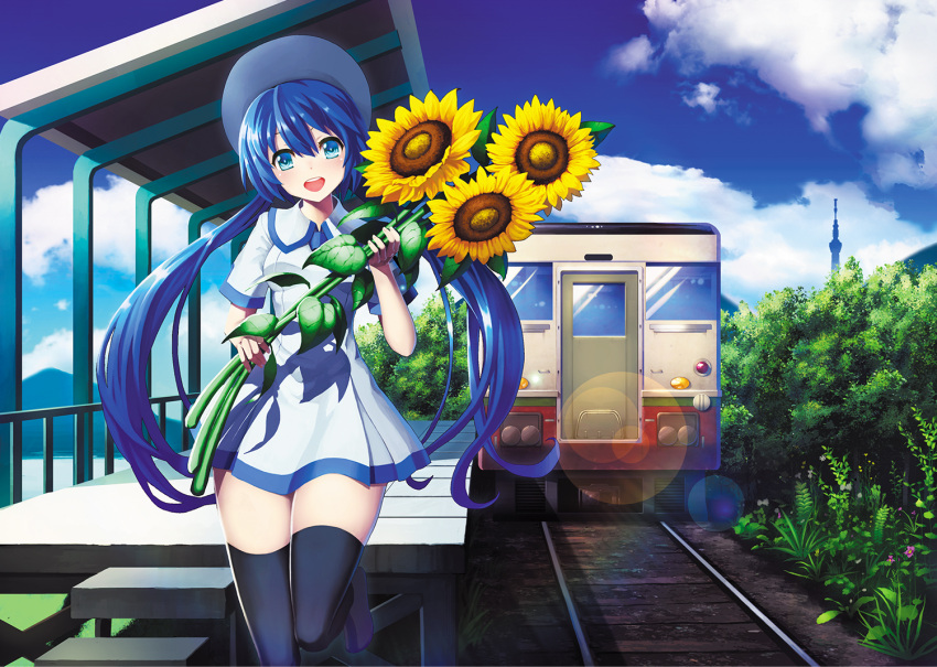 1girl :d aqua_eyes black_legwear blue_hair blush clouds defiaz_(infinity) dress flower ground_vehicle hair_between_eyes hatsune_miku lens_flare long_hair looking_at_viewer low_twintails open_mouth outdoors plant sky smile summer thigh-highs tower train twintails vehicle vocaloid white_dress zettai_ryouiki