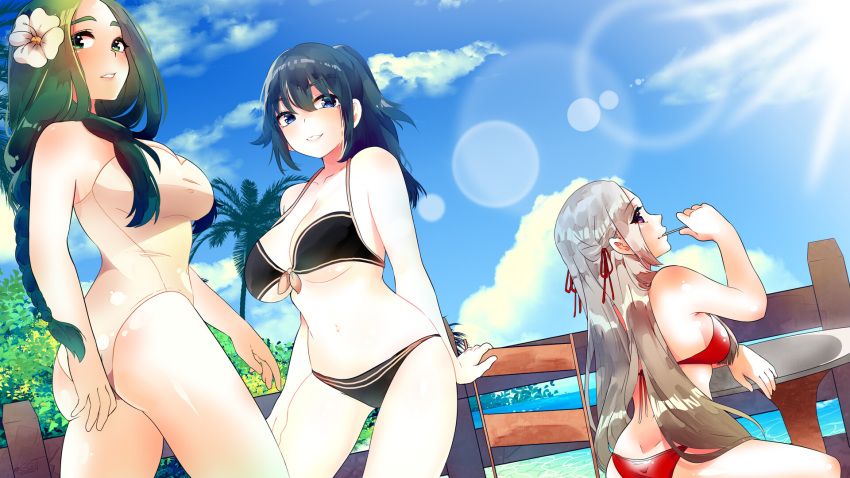3girls absurdres ass back beach bikini black_bikini blue_eyes blue_hair blue_sky braid breasts byleth_(fire_emblem) byleth_eisner_(female) byleth_eisner_(female) chair clouds cute day dutch_angle edelgard_von_hresvelg female_my_unit_(fire_emblem:_three_houses) fire_emblem fire_emblem:_three_houses fire_emblem:_three_houses fire_emblem_16 fire_emblem_heroes flower flower_hair_ornament flower_on_head goddess green_eyes green_hair hair_ornament hair_ribbon human intelligent_systems lens_flare long_hair looking_at_viewer multiple_girls my_unit_(fire_emblem:_three_houses) navel nintendo ocean one-piece_swimsuit outdoors palm_tree parted_lips red_bikini red_ribbon rhea_(fire_emblem) ribbon sky smile standing summer sunlight table tree violet_eyes waifubot water white_hair white_swimsuit