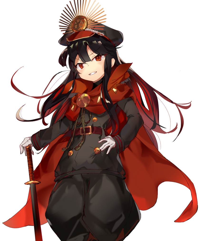 1girl absurdres black_hair black_headwear cape family_crest fate/grand_order fate_(series) gloves hat highres koha-ace long_hair oda_nobunaga_(fate) oda_nobunaga_(fate)_(all) peaked_cap portrait red_cape red_eyes same_(sendai623) simple_background solo white_background white_gloves