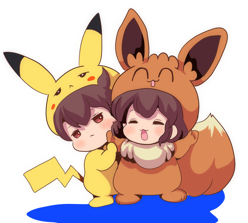 2girls :3 akagi_(kantai_collection) brown_eyes brown_hair closed_eyes commentary_request cosplay eevee eevee_(cosplay) full_body gen_1_pokemon gotcha! highres jacket kaga_(kantai_collection) kantai_collection looking_at_viewer multiple_girls open_clothes open_jacket pako_(pousse-cafe) pikachu pikachu_(cosplay) pikachu_costume pokemon simple_background standing white_background younger