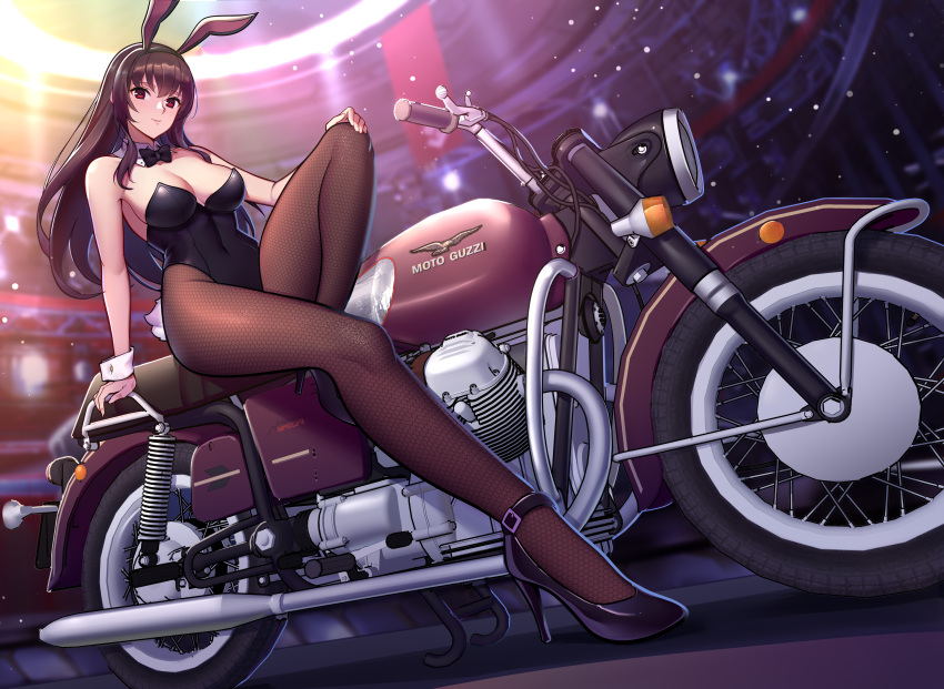 1girl absurdres animal_ears arena black_footwear black_hair black_legwear black_leotard black_neckwear bow bowtie breasts bunny_tail commentary_request detached_collar dutch_angle fake_animal_ears full_body ground_vehicle high_heels highres large_breasts leotard logo long_hair looking_at_viewer motor_vehicle motorcycle original pantyhose playboy_bunny rabbit_ears red_eyes sitting solo strapless strapless_leotard tail vehicle_request wrist_cuffs wwwwww