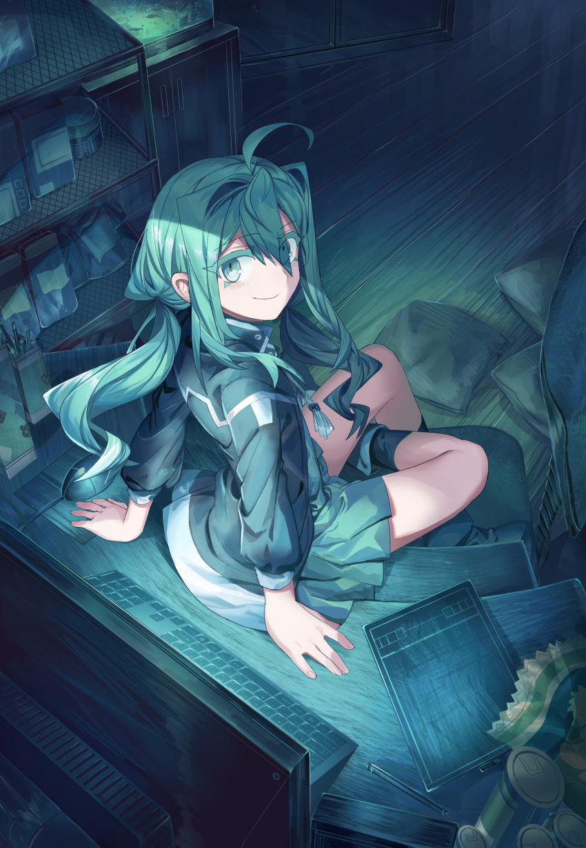 1girl absurdres ahoge arm_support closed_mouth drawing_tablet eyes_visible_through_headwear from_behind green_hair green_jacket green_legwear green_skirt green_theme hair_between_eyes highres jacket keyboard_(computer) long_sleeves looking_at_viewer looking_back monitor original pleated_skirt shichigatsu sitting skirt smile socks solo stylus twintails wooden_floor