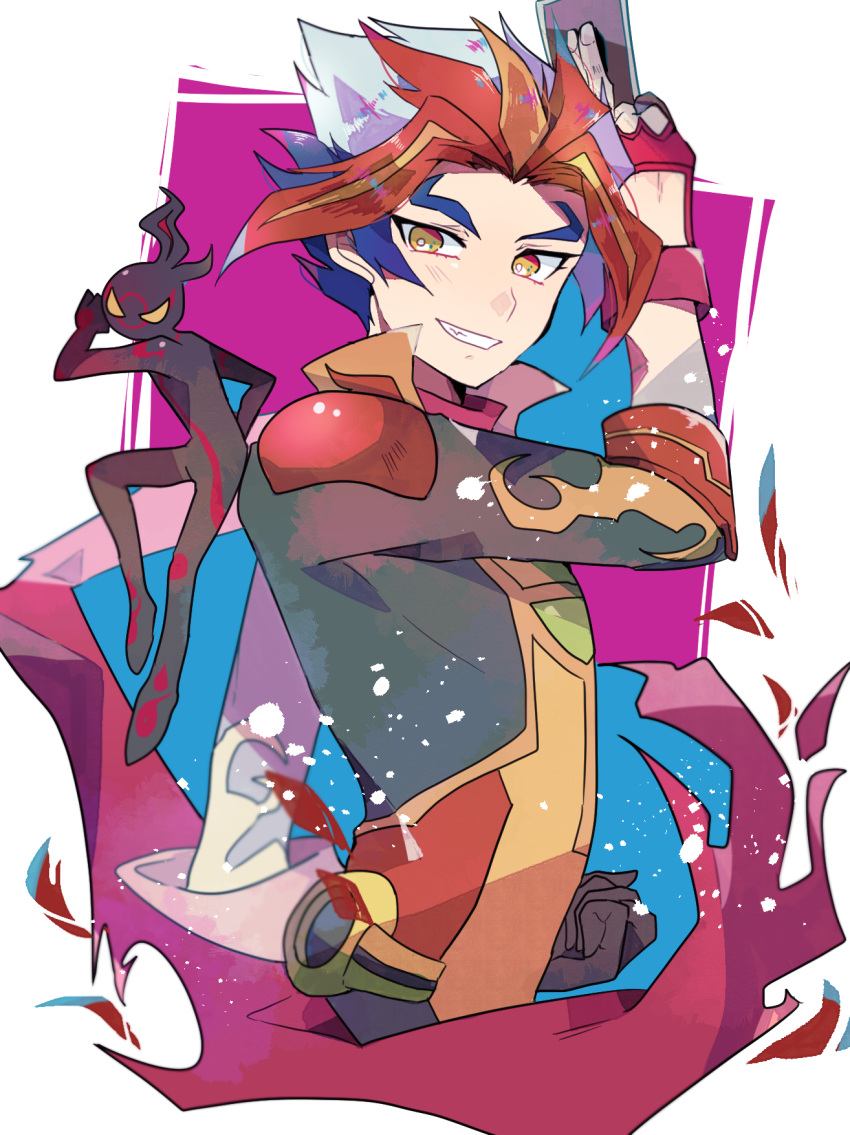 1boy bangs black_skin card clenched_hand fingerless_gloves flame_(yu-gi-oh!_vrains) gloves gradient_eyes grin highres holding holding_card homura_takeru multicolored multicolored_eyes multicolored_hair no_pupils scarf smile soulburner tasutekete upper_body yu-gi-oh! yu-gi-oh!_vrains