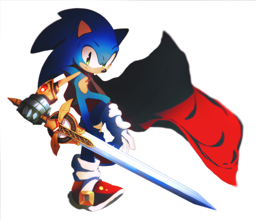 1boy animal_nose caliburn_(sonic) cape commentary full_body furry gauntlets gloves green_eyes holding holding_sword holding_weapon icen-hk male_focus red_cape red_footwear shoes simple_background sneakers solo sonic sonic_and_the_black_knight sonic_the_hedgehog sword weapon white_background white_gloves