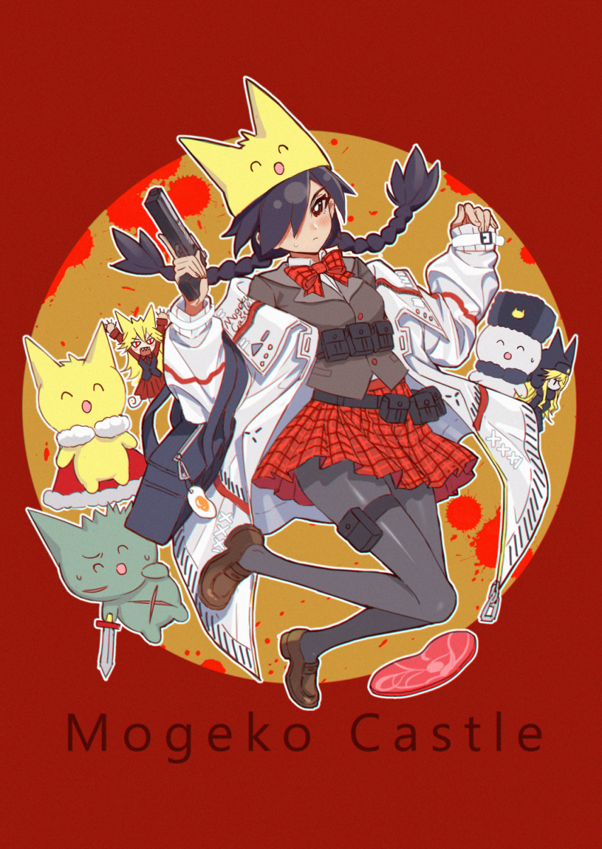 3girls ^_^ ^o^ animal_ears bag belt belt_pouch black_eyes black_hair black_legwear black_waistcoat blazer blood braid bright_pupils buttons cape closed_eyes copyright_name defect_mogeko egg eyebrows face film_grain food fur-trimmed_cape fur_hat fur_trim gun hair_over_one_eye handgun hat hat_over_one_eye hat_with_ears highres holding holding_gun holding_pistol holding_weapon jacket king_mogeko kurai_yonaka leg_up legs legs_apart legs_together loafers long_hair lord_prosciutto majiang meat moge-ko mogeko_(mogeko_castle) mogeko_castle mogekov mogekov_hashasky multiple_girls one_eye_covered pantyhose pistol plaid plaid_miniskirt plaid_ribbon plaid_skirt pleated_miniskirt pleated_skirt pouch ribbon school_bag school_uniform shoes skirt sleeves_past_wrists solo_focus sweat sword thighs tights trigger_discipline twin_braids waistcoat weapon weapon_request white_fur white_pupils yellow_headwear zipper zipper_pull_tab