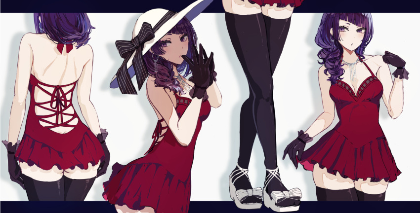 1girl ass backless_dress backless_outfit bare_shoulders black_bow black_gloves black_legwear bow commentary dress gloves hat hat_bow idolmaster idolmaster_shiny_colors letterboxed long_hair minyom multiple_views pleated_dress purple_hair red_dress shadow shoes sleeveless sleeveless_dress striped striped_bow sun_hat tanaka_mamimi thigh-highs violet_eyes white_background white_bow white_footwear white_headwear