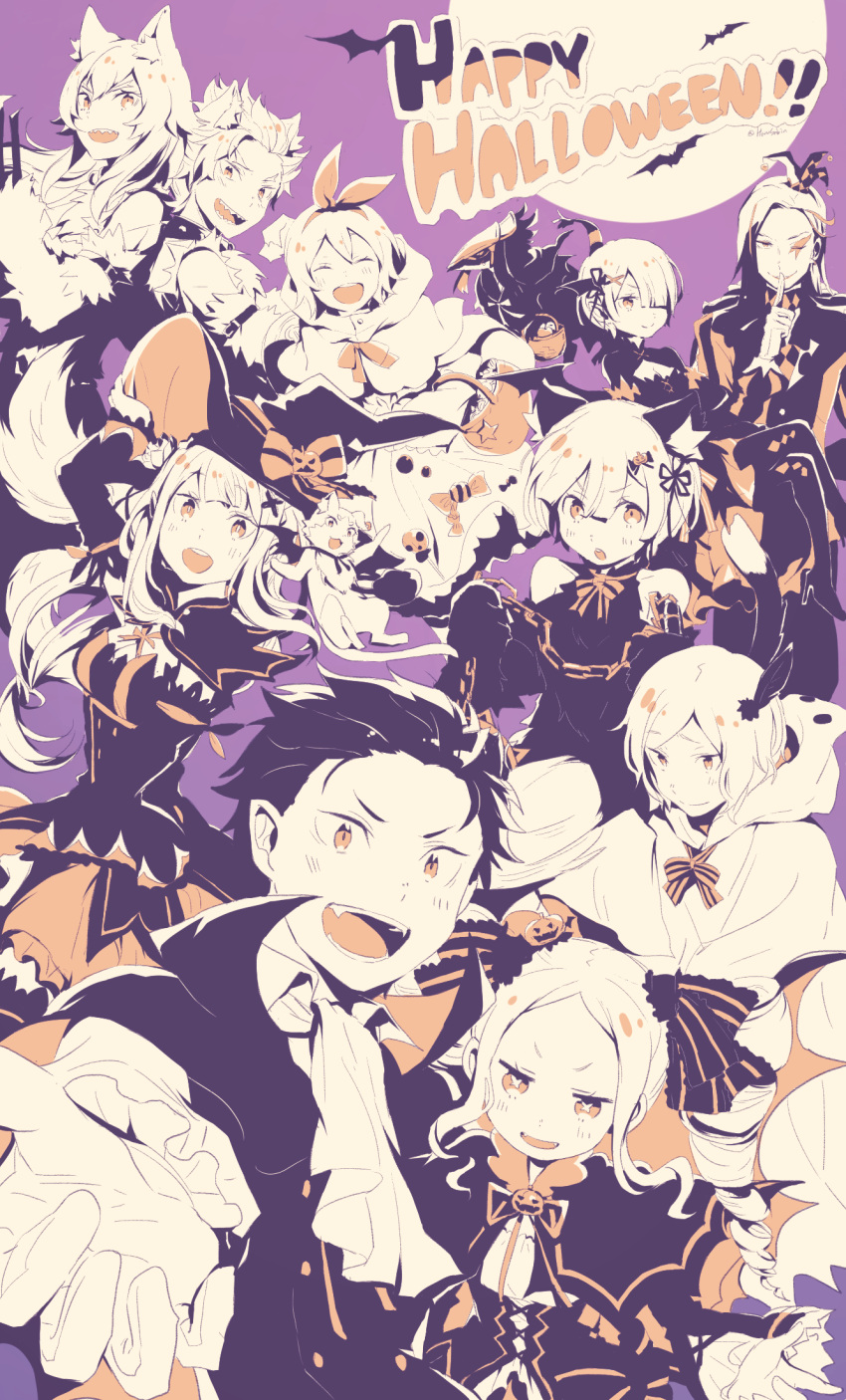 4boys 6+girls :d :o ^_^ animal_ears basket bat beatrice_(re:zero) bow candy candy_print capelet cat_ears chain claws cleavage_cutout closed_eyes clothing_cutout collar costume detached_sleeves dress drill_hair emilia_(re:zero) english_text everyone eyebrows_visible_through_hair fake_animal_ears fangs feather_hair_ornament food foreshortening frederica_baumann frilled_dress frills full_moon garfiel_tinsel ghost_costume hair_between_eyes hair_ribbon hair_slicked_back halloween halloween_basket halloween_costume happy_halloween harusabin hat highres hood hood_down hooded_capelet jack-o'-lantern korean_commentary limited_palette long_hair long_sleeves looking_at_viewer mixed-language_commentary moon multiple_boys multiple_girls natsuki_subaru one_eye_closed open_mouth otto_suewen outstretched_arm patrasche_(re:zero) petra_leyte puck_(re:zero) pumpkin ram_(re:zero) re:zero_kara_hajimeru_isekai_seikatsu reaching_out rem_(re:zero) ribbon roswaal_l._mathers sanpaku sharp_teeth short_hair signature sleeveless smile symbol-shaped_pupils teeth twin_drills twitter_username vampire_costume wings witch_costume witch_hat