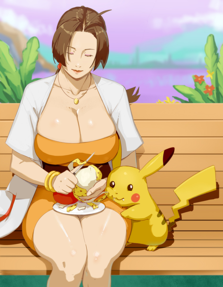 1girl absurdres ahoge blurry blurry_background breasts brown_hair closed_eyes closed_mouth delia_ketchum dress gen_1_pokemon highres hungry knife large_breasts lips long_hair materclaws mature peeling pikachu pokemon sky tied_hair