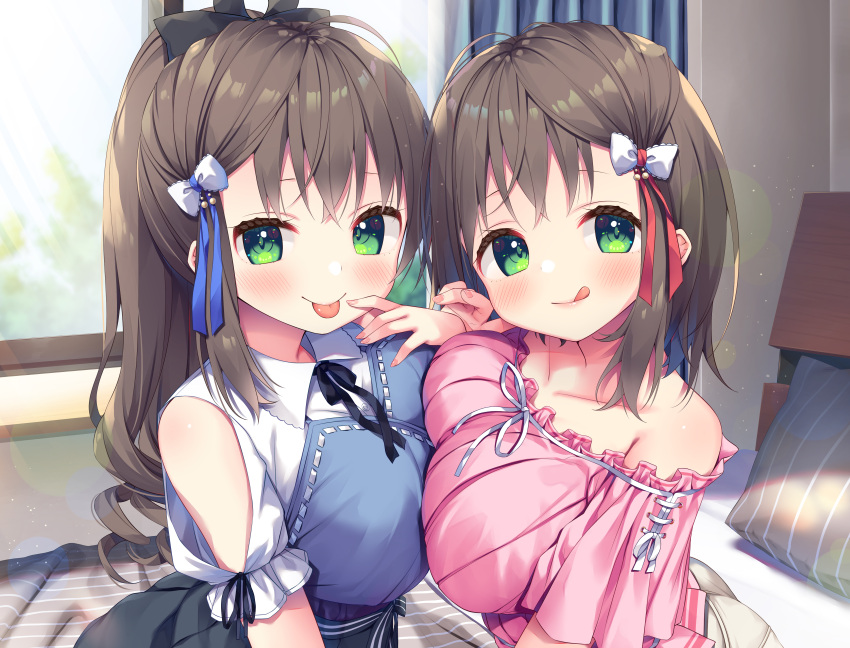 2girls :p absurdres asa_no_ha bangs bed bed_sheet bedroom black_skirt blanket breast_press breasts brown_eyes brown_hair collarbone collared_shirt curtains day green_eyes hair_ornament hair_ribbon hand_to_own_mouth highres indoors large_breasts light_rays long_hair looking_at_viewer medium_hair multiple_girls non-web_source on_bed original pillow pink_skirt ribbon shirt siblings sisters sitting sitting_on_bed skirt smile sunbeam sunlight symmetrical_docking tan_skirt tongue tongue_out twins wavy_hair white_shirt window