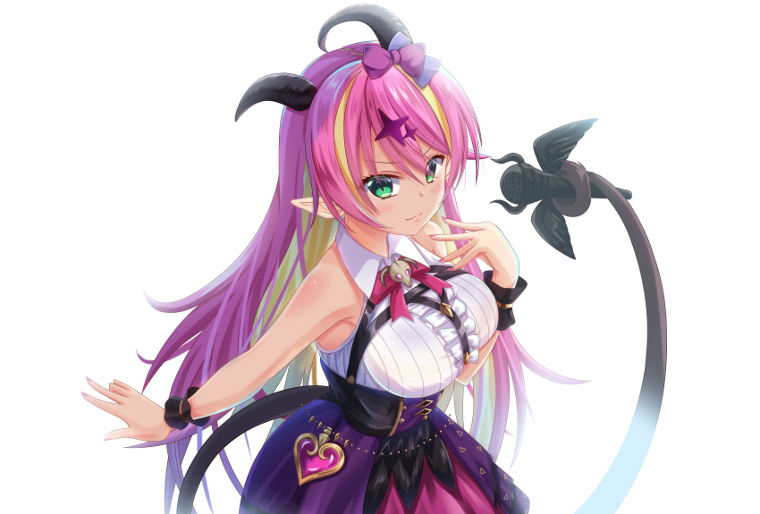 1girl absurdres alia_kanzaki asymmetrical_horns bangs bare_shoulders blonde_hair bow bowtie breasts chest_harness commentary_request demon_girl demon_horns demon_tail eyebrows_visible_through_hair hair_ornament harness headphones headphones_around_neck highres hololive horn_bow horns long_hair looking_at_viewer mano_aloe microphone shirt simple_background sleeveless sleeveless_shirt solo tail tail_hold virtual_youtuber white_background wrist_cuffs