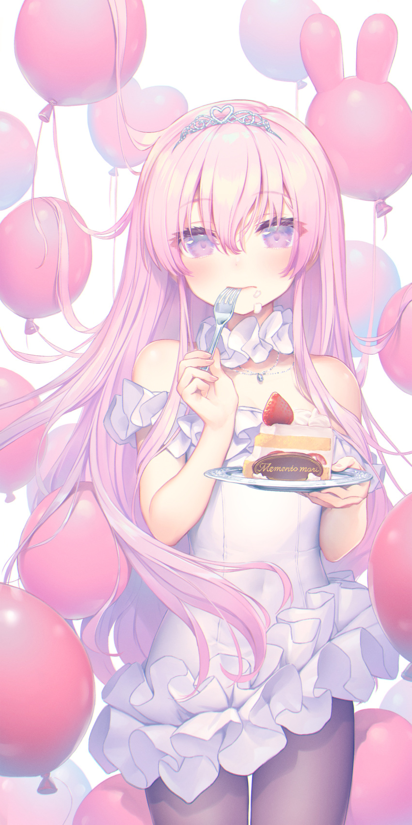 1girl absurdres balloon bangs bare_shoulders brown_legwear cake cake_slice closed_mouth commentary_request dress eyebrows_visible_through_hair food fork frilled_dress frills fruit hair_between_eyes hands_up heart highres holding holding_fork holding_plate jewelry kurobuta_gekkan long_hair off-shoulder_dress off_shoulder original pantyhose pendant pink_hair plate simple_background solo standing strawberry strawberry_shortcake tiara very_long_hair violet_eyes white_background white_dress