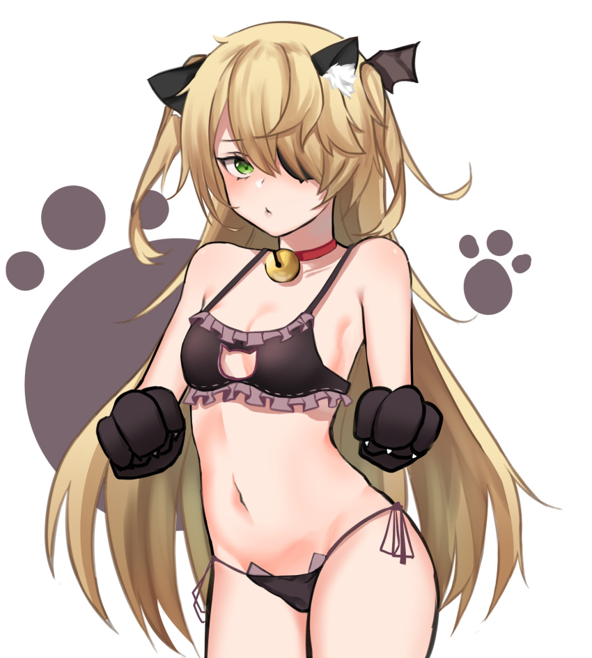 1girl animal_ears bell bell_collar black_bra black_panties blonde_hair blush bra breasts cat_cutout cat_ears cat_lingerie cat_paws cleavage_cutout clothing_cutout collar cowboy_shot fake_animal_ears fischl_(genshin_impact) genshin_impact green_eyes highres jingle_bell long_hair looking_at_viewer meme_attire navel panties paw_print paws pengrani small_breasts two_side_up underwear underwear_only