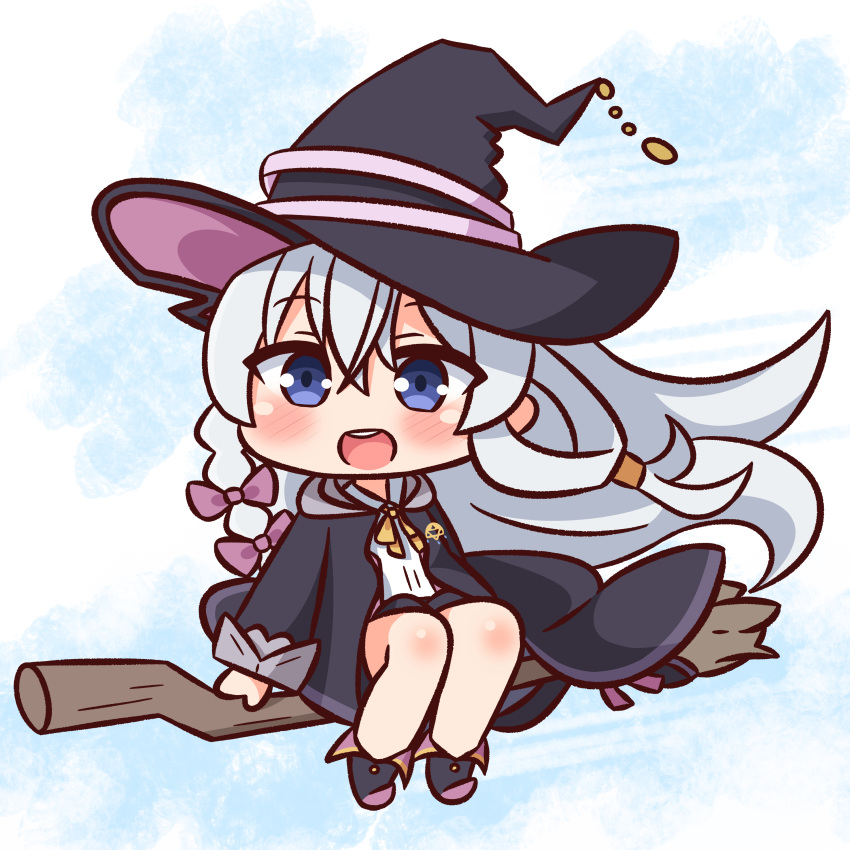 1girl :d absurdres bangs black_footwear black_headwear black_robe blue_eyes blush boots bow braid broom broom_riding chibi commentary_request elaina_(majo_no_tabitabi) eyebrows_visible_through_hair full_body hair_between_eyes hair_bow hana_kazari hat highres long_hair long_sleeves looking_away majo_no_tabitabi open_clothes open_mouth open_robe purple_bow robe round_teeth shirt side_braid silver_hair single_braid smile solo teeth upper_teeth very_long_hair white_shirt witch_hat