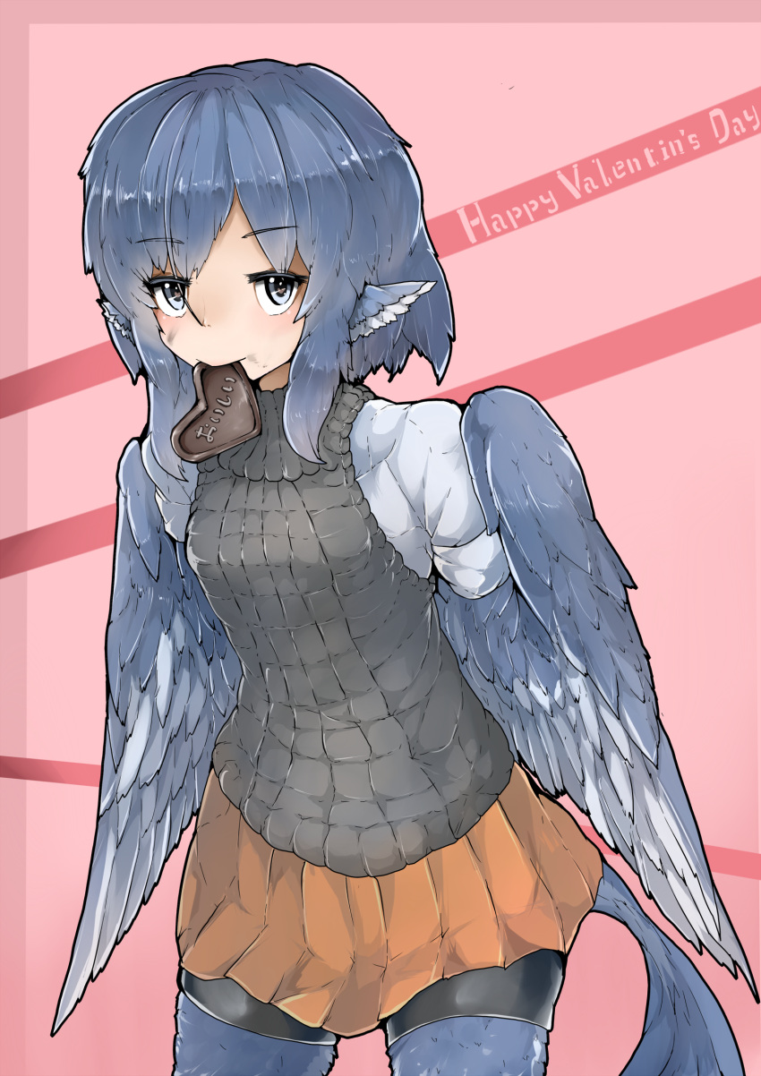 animal_ears bird_ears bird_wings blue_feathers blue_hair blue_wings chocolate english_text eyebrows_visible_through_hair feathered_wings feathers grey_eyes harpy heart heart-shaped_pupils highres monster_girl mouth_hold original pleated_skirt rnd.jpg skirt sweater symbol-shaped_pupils turtleneck turtleneck_sweater valentine winged_arms wings