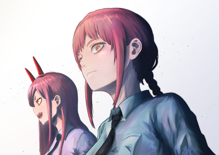 2girls absurdres bangs black_neckwear braid braided_ponytail brown_hair business_suit chainsaw_man collared_shirt demon_girl demon_horns eyeliner formal highres horns light_smile long_hair looking_at_viewer makeup makima_(chainsaw_man) multiple_girls necktie office_lady open_mouth pink_hair power_(chainsaw_man) red_horns ringed_eyes sharp_teeth shirt smile suit teeth user_augs8337 very_long_hair white_shirt yellow_eyes