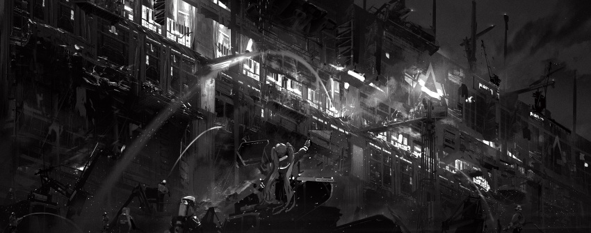 1girl 5others arm_up balcony building clouds cloudy_sky fire firefighter greyscale hat highres hood hood_up hose lens_flare long_hair machinery monochrome multiple_others original outdoors pointing ponytail scenery science_fiction sky smoke standing twintails water ying_yi