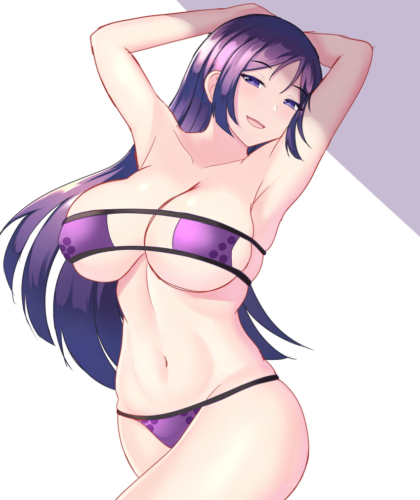 1girl :d absurdres arms_behind_head bikini breasts eyebrows eyebrows_visible_through_hair eyepatch_bikini fate/grand_order fate_(series) highres jifuwabe large_breasts mature minamoto_no_raikou_(fate/grand_order) minamoto_no_raikou_(swimsuit_lancer)_(fate) naughty_face open_mouth pinup_(style) purple_bikini purple_hair shadow smile swimsuit thighs violet_eyes