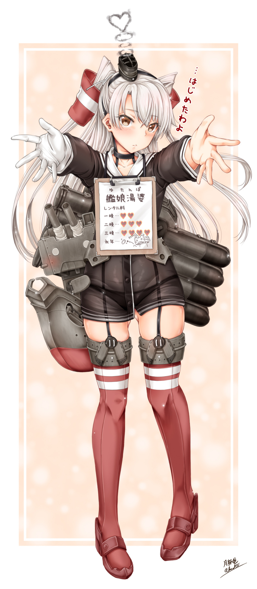 1girl absurdres amatsukaze_(kantai_collection) brown_dress commentary_request dress full_body garter_straps hair_tubes hat heart highres kantai_collection long_hair mini_hat red_legwear rensouhou-kun rigging sailor_dress short_dress sign sign_around_neck silver_hair solo standing striped striped_legwear thigh-highs torpedo torpedo_tubes translation_request tsukineko two_side_up windsock
