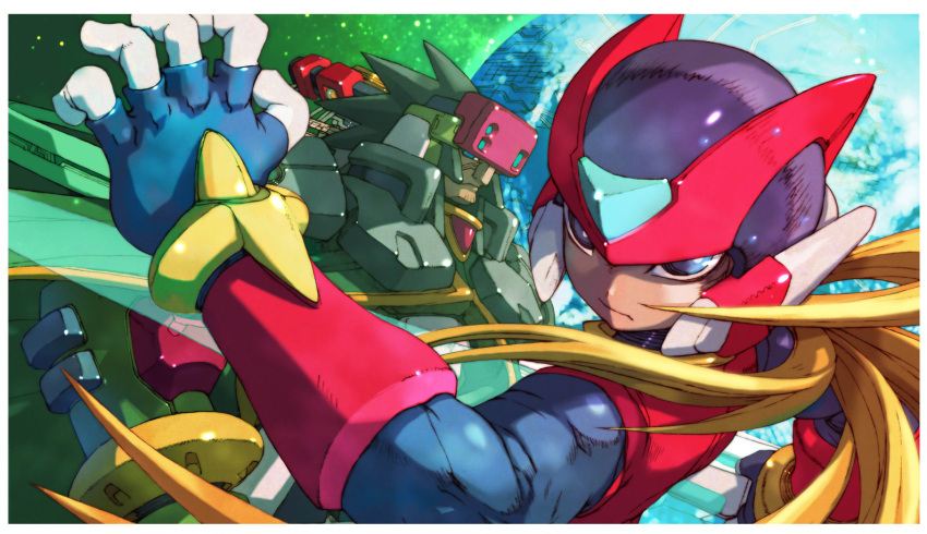 blonde_hair blue_eyes capcom craft craft_(rockman) dutch_angle energy_sword facial_mark fighting_stance fingerless_gloves frown gloves glowing green_hair helmet long_hair looking_back male multiple_boys nakayama_tooru neige official_art ponytail robot rockman rockman_zero rockman_zero_4 short_hair spiked_hair sword very_long_hair weapon zero zero_(rockman)