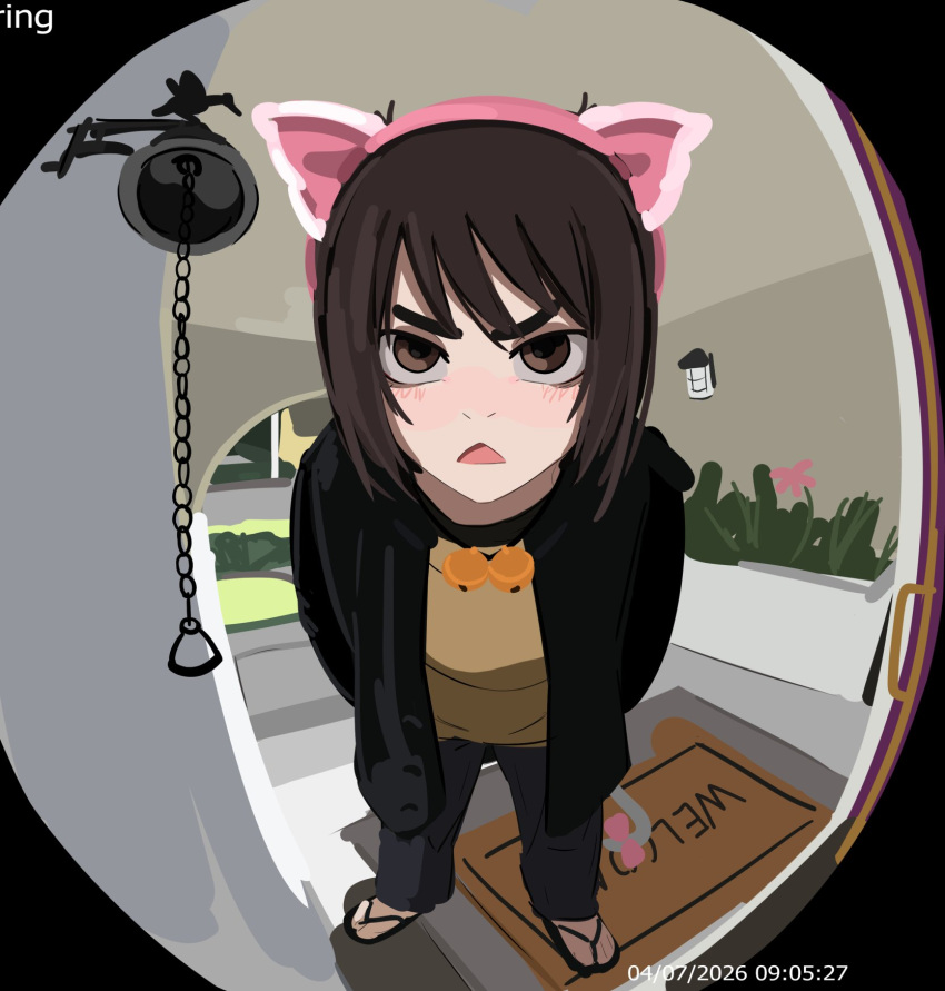 1girl animal_ears bell black_coat blush bow brown_hair cat_tail coat commentary day door doorbell_chud_(meme) doormat doorway english_commentary fake_animal_ears feet flower headband highres kurokimoko leaning_forward medium_hair meme nakahara_misaki neck_bell nhk_ni_youkoso! pants pink_headband plant pov_peephole sandals shirt solo tail tail_bow tail_ornament timestamp triangle_mouth welcome_mat yellow_shirt