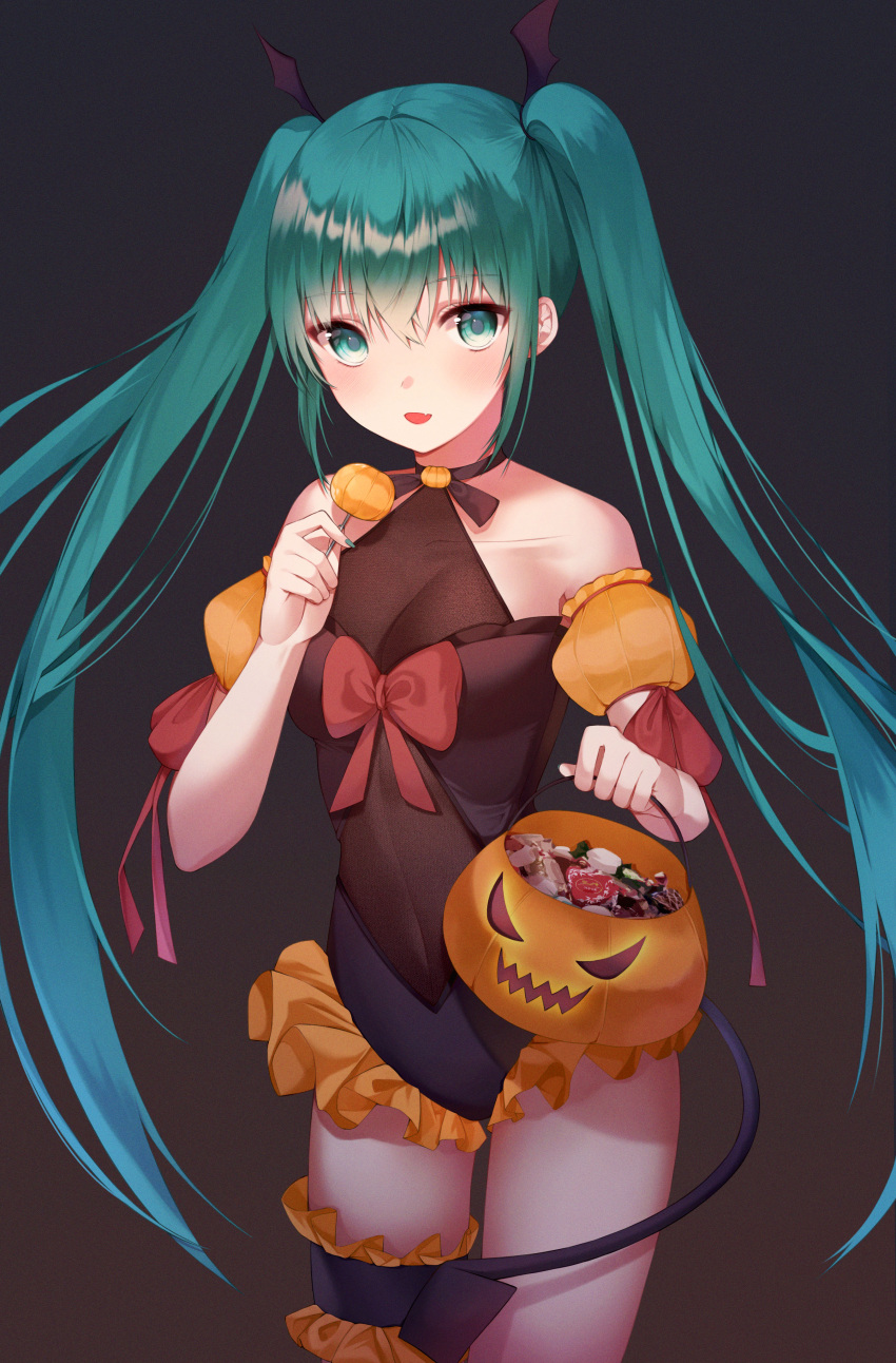 1girl absurdres alternate_costume ame_816 aqua_eyes aqua_hair bangs bare_shoulders basket bat_hair_ornament black_choker blush bow breasts candy choker collarbone commentary cowboy_shot detached_sleeves fake_tail fang food foreshortening frilled_sleeves frills green_eyes hair_ornament halloween halloween_costume hand_up hatsune_miku head_wings highres holding holding_basket jack-o'-lantern large_breasts leotard lollipop long_hair looking_at_viewer necktie open_mouth puffy_short_sleeves puffy_sleeves pumpkin red_bow short_sleeves skirt smile solo tail thigh-highs twintails very_long_hair vocaloid
