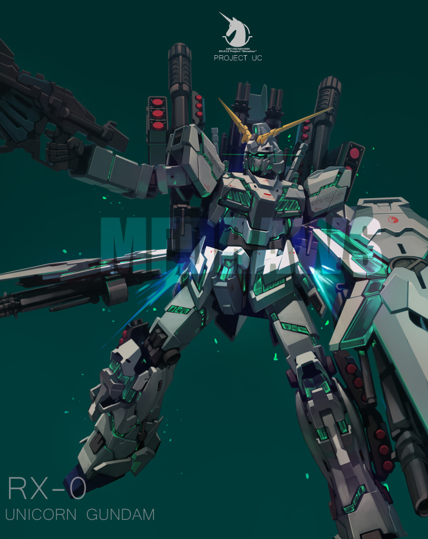 absurdres artist_name brayanong999 character_name floating full_armor_unicorn_gundam green_background green_eyes gun gundam gundam_unicorn highres holding holding_gun holding_shield holding_weapon looking_ahead mecha missile_pod no_humans nt-d shield solo unicorn_gundam v-fin watermark weapon