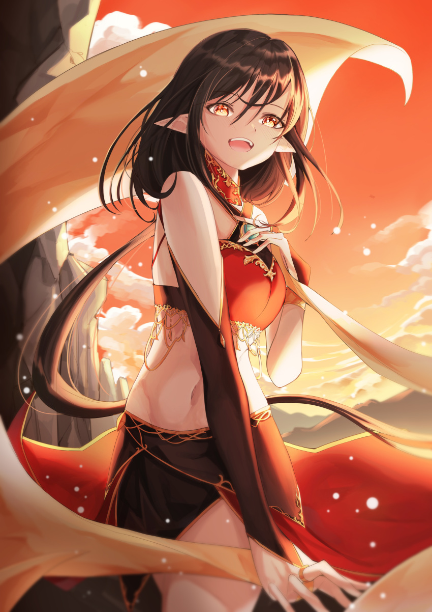 1girl :d absurdres black_hair breasts bridal_gauntlets dancer detached_sleeves eyebrows_visible_through_hair hand_on_own_chest highres kuro_(rudyan0128) long_hair looking_at_viewer low_ponytail medium_breasts midriff navel open_mouth orange_eyes original pointy_ears shawl smile solo sunset upper_teeth very_long_hair