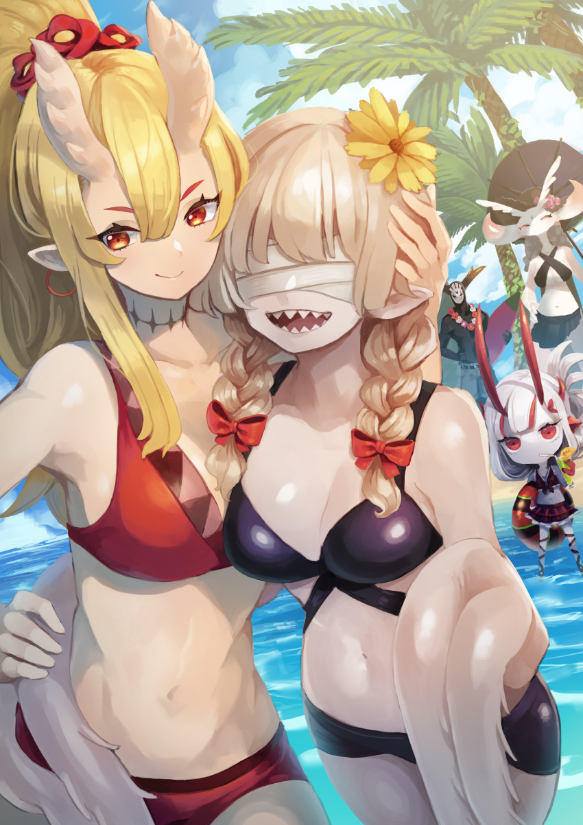 1boy 4girls :d absurdres arm_around_waist bandages bandages_over_eyes beach bikini black_bikini blonde_hair bow braid breasts closed_mouth clouds cloudy_sky covered_eyes day drinking_straw evil_(okame_nin) fewer_digits hair_bow highres holding holding_innertube huge_filesize iga_(okame_nin) innertube kuda_(okame_nin) large_breasts long_hair medium_breasts multiple_girls navel neck_scar ocean okame_nin open_mouth original outdoors pale_skin palm_tree pointy_ears ponytail red_bikini red_bow red_eyes saashisu_(okame_nin) sky smile spiked_horns surgical_scar swimsuit tentacles tree twin_braids wading