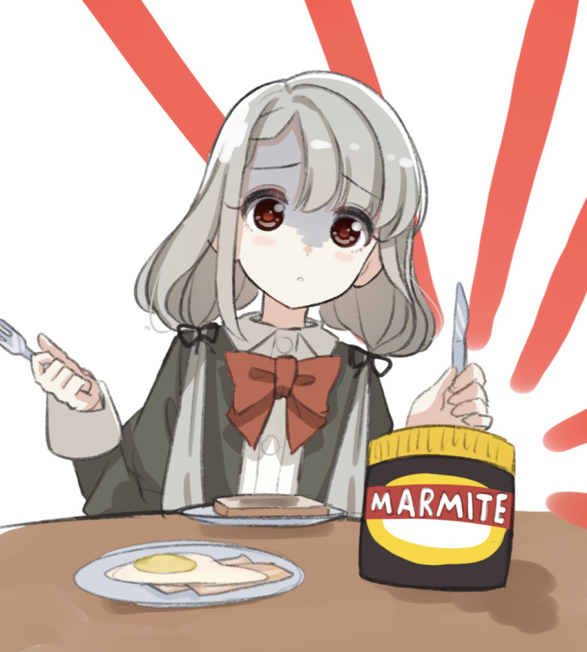 1girl :o bangs black_jacket blush_stickers bow brown_eyes collared_shirt commentary_request dress_shirt eyebrows_visible_through_hair food fork fried_egg grey_hair hair_between_eyes hands_up highres hisakawa_nagi holding holding_fork holding_knife idolmaster idolmaster_cinderella_girls idolmaster_cinderella_girls_starlight_stage jacket juliet_sleeves knife long_hair long_sleeves low_twintails marmite parted_lips plate puffy_sleeves red_bow shirt shiwa_(siwaa0419) solo table toast turn_pale twintails upper_body white_background white_shirt