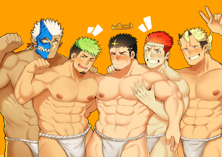 5boys absurdres bara black_hair blonde_hair bulge clayten dark_skin dark_skinned_male fundoshi grabbing green_eyes green_hair half_mask heterochromia highres horns japanese_clothes jiraiya_(tokyo_houkago_summoners) male_focus multicolored_hair multiple_boys pectoral_docking pectoral_grab pollux_(tokyo_houkago_summoners) redhead shuten_douji_(tokyo_houkago_summoners) taurus_mask tokyo_houkago_summoners underwear underwear_only v white_hair yellow_eyes zabaniya_(tokyo_houkago_summoners)