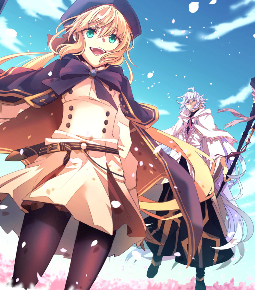 1boy 1girl :d ahoge artoria_pendragon_(all) artoria_pendragon_(caster) bangs black_legwear blonde_hair bow cape clouds dress eyebrows_visible_through_hair fate/grand_order fate_(series) gloves green_eyes hair_between_eyes hair_bow hat highres holding holding_staff hood long_hair long_sleeves merlin_(fate) open_mouth pantyhose petals ribbon robe sky smile staff teeth tmtm24787088 twintails very_long_hair violet_eyes white_hair