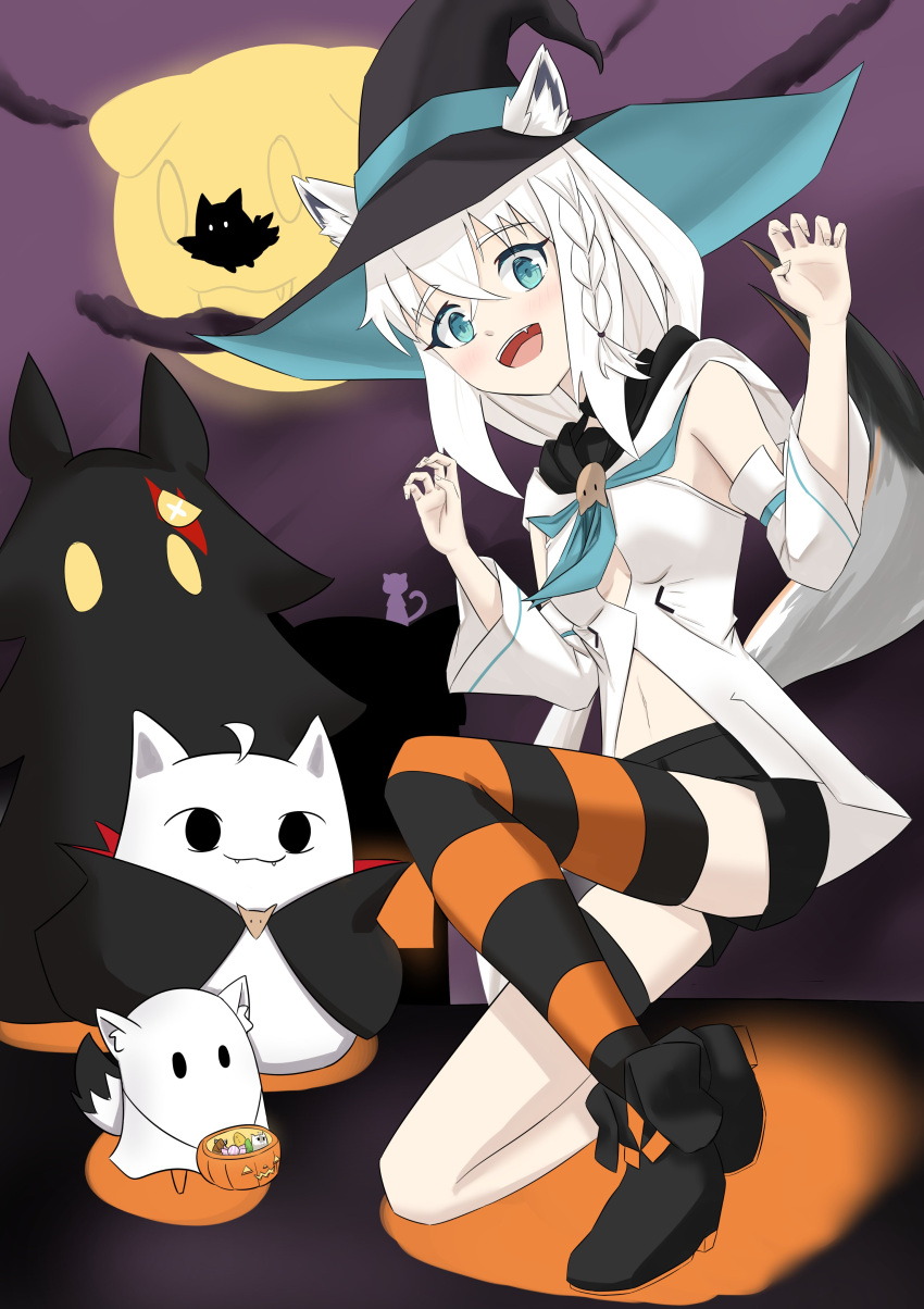 1girl absurdres animal_ear_fluff animal_ears bangs black_legwear black_shorts blush braid claw_pose commentary_request detached_sleeves ears_through_headwear eyebrows_visible_through_hair fox_ears fox_girl fox_tail green_eyes hair_between_eyes halloween halloween_costume hat highres hololive hood hoodie knee_up long_hair looking_at_viewer miteiru_(shirakami_fubuki) open_mouth orange_legwear oruyanke_(shirakami_fubuki) shirakami_fubuki shorts sidelocks single_braid single_thighhigh striped striped_legwear tail thigh-highs thigh_strap virtual_youtuber white_hoodie white_sleeves witch_hat yuudo