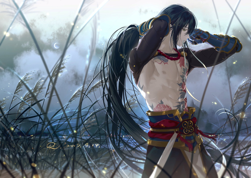 1boy abs arm_wrap arms_behind_head arms_up bangs black_hair black_pants chest_tattoo cowboy_shot dated fate/grand_order fate_(series) gauntlets green_eyes hair_tie hair_tie_in_mouth highres long_hair male_focus mouth_hold outdoors pants pectorals plant profile red_neckwear red_sash rrr_(reason) sash shirtless solo standing tattoo tying_hair very_long_hair yan_qing_(fate/grand_order)