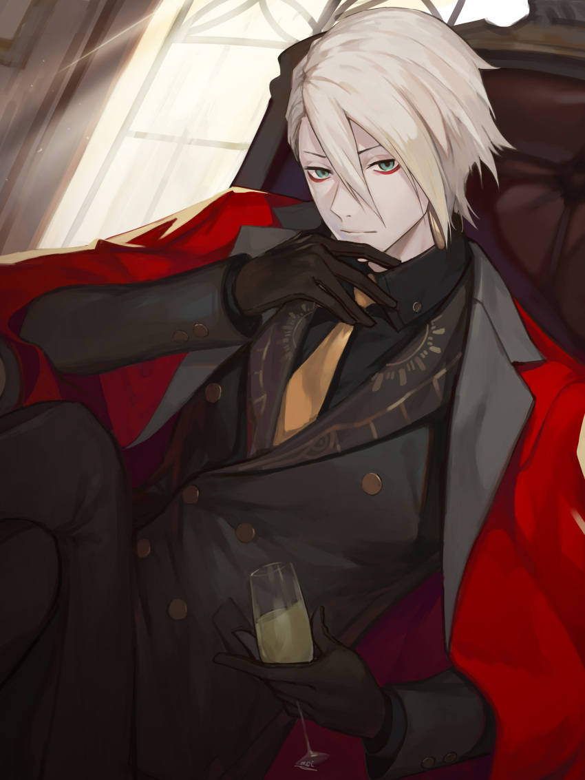 1boy absurdres bangs black_gloves black_jacket black_shirt black_suit blue_eyes chair closed_mouth coat coat_on_shoulders crossed_legs cup dress_shirt drinking_glass earrings fate/grand_order fate_(series) formal gloves hair_between_eyes hand_up heroic_spirit_formal_dress highres holding holding_cup indoors jacket jam_(nandade) jewelry karna_(fate) light_rays long_sleeves looking_at_viewer male_focus necktie pale_skin red_coat shirt short_hair sitting solo upper_body white_hair window wine_glass yellow_neckwear
