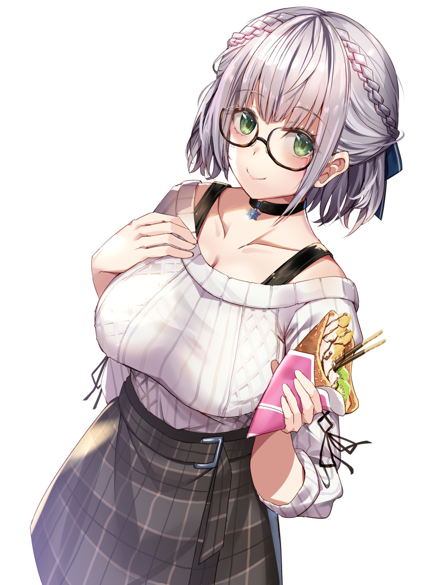 1girl absurdres bangs black_choker blush braid breasts brown-framed_eyewear choker closed_mouth collarbone commentary_request crepe eyebrows_visible_through_hair food glasses green_eyes grey_skirt hands_up highres holding holding_food hololive long_sleeves looking_at_viewer medium_breasts plaid plaid_skirt renka_(renkas) ribbed_sweater semi-rimless_eyewear shirogane_noel short_hair silver_hair simple_background skirt smile solo sweater under-rim_eyewear virtual_youtuber white_background white_sweater