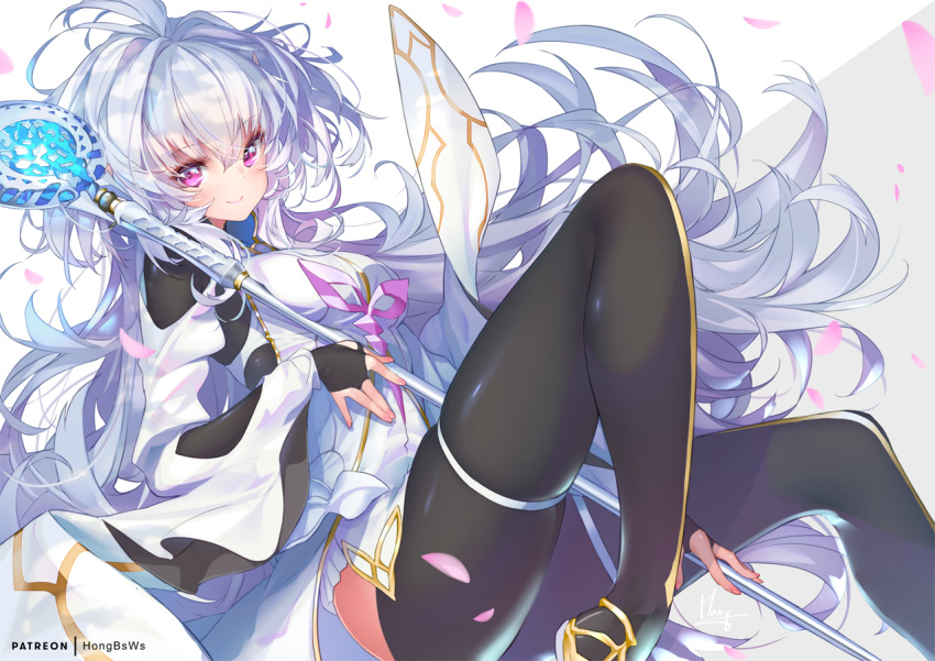 1girl ahoge bangs black_gloves black_legwear breasts eyebrows_visible_through_hair fate/grand_order fate/prototype fate_(series) fingerless_gloves gloves hair_between_eyes holding holding_staff hong_(white_spider) knee_up long_hair long_sleeves looking_at_viewer medium_breasts merlin_(fate/prototype) patreon_logo patreon_username petals skindentation smile solo staff thigh-highs thigh_strap very_long_hair violet_eyes white_hair white_robe wide_sleeves
