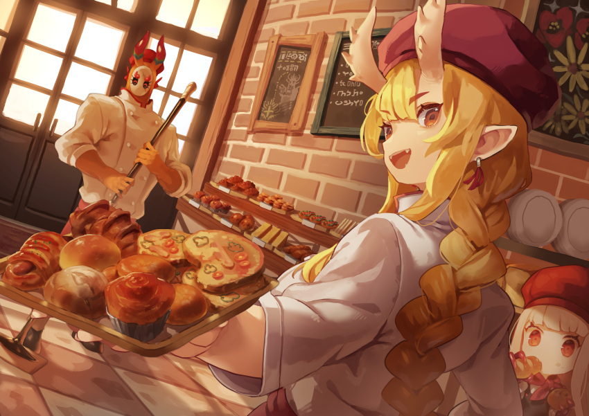 1boy 2girls :d absurdres blonde_hair braid broom brown_eyes chalkboard chalkboard_sign chef_uniform cookie croissant door double-breasted dutch_angle earrings eating eye_(okame_nin) food food_on_face gaen_(okame_nin) hat highres holding holding_broom holding_food horns iga_(okame_nin) jewelry long_hair looking_at_viewer multiple_girls okame_nin open_mouth original pastry pointy_ears red_eyes red_headwear smile spiked_horns toast tray white_hair
