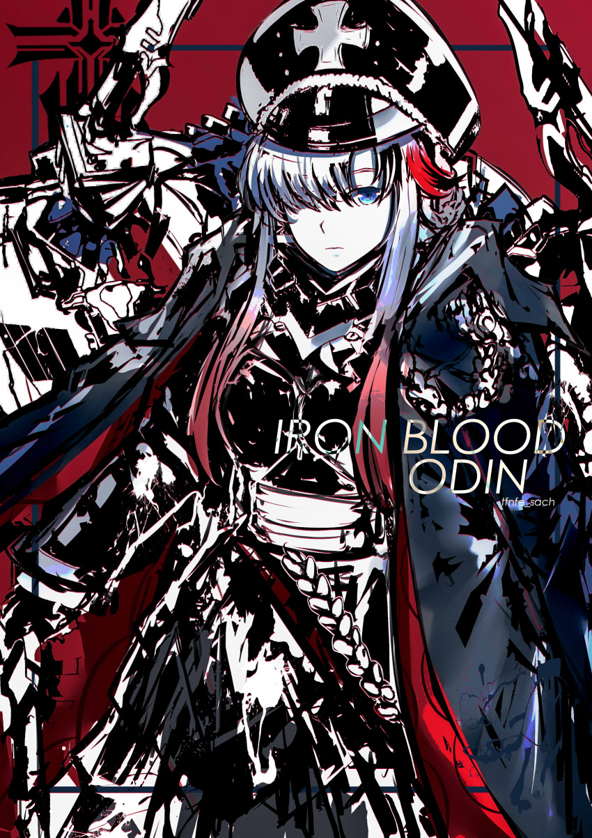 1girl absurdres armored_skirt azur_lane black_headwear blue_eyes breastplate character_name coat coat_on_shoulders hair_over_one_eye hat highres iron_blood_(emblem) long_hair looking_at_viewer military_hat multicolored_hair odin_(azur_lane) open_clothes open_coat padded_coat peaked_cap red_background redhead rigging simple_background streaked_hair tfnfe_sach two-tone_hair