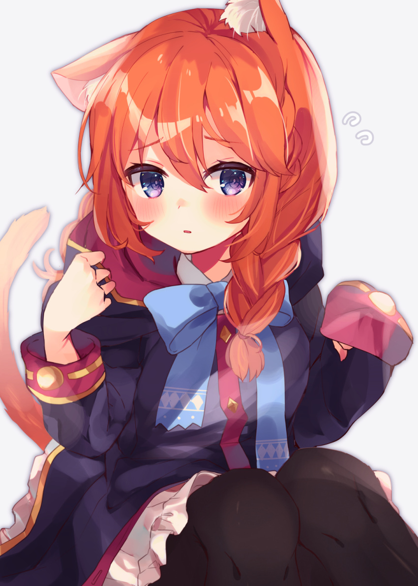 1girl animal_ears bangs beniko_(ymdbnk) black_coat blue_bow blush bow braid brown_hair cat_ears cat_girl cat_tail coat commentary_request dress eyebrows_visible_through_hair flying_sweatdrops frilled_dress frills grey_background hair_between_eyes hair_over_shoulder hands_up highres hood hood_down hooded_coat kemonomimi_mode long_hair long_sleeves parted_lips princess_connect! princess_connect!_re:dive simple_background sleeves_past_wrists solo tail tail_raised twin_braids violet_eyes white_dress yuni_(princess_connect!)