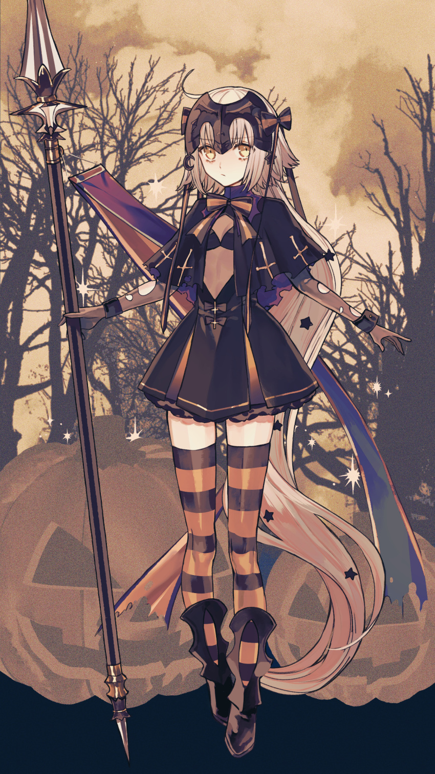 1girl absurdres adapted_costume albino_(a1b1n0623) alternate_color banner bare_tree bow capelet commentary cross cross_print expressionless eyebrows_visible_through_hair fate/grand_order fate_(series) flag forest full_body hair_bow hair_ornament halloween headpiece highres holding holding_weapon jack-o'-lantern jeanne_d'arc_(fate)_(all) jeanne_d'arc_alter_santa_lily long_hair looking_at_viewer nature nobori outdoors polearm pumpkin ribbon solo sparkle spear standing star_(symbol) star_hair_ornament striped striped_legwear striped_ribbon thigh-highs torn_clothes tree very_long_hair weapon wrist_cuffs yellow_eyes